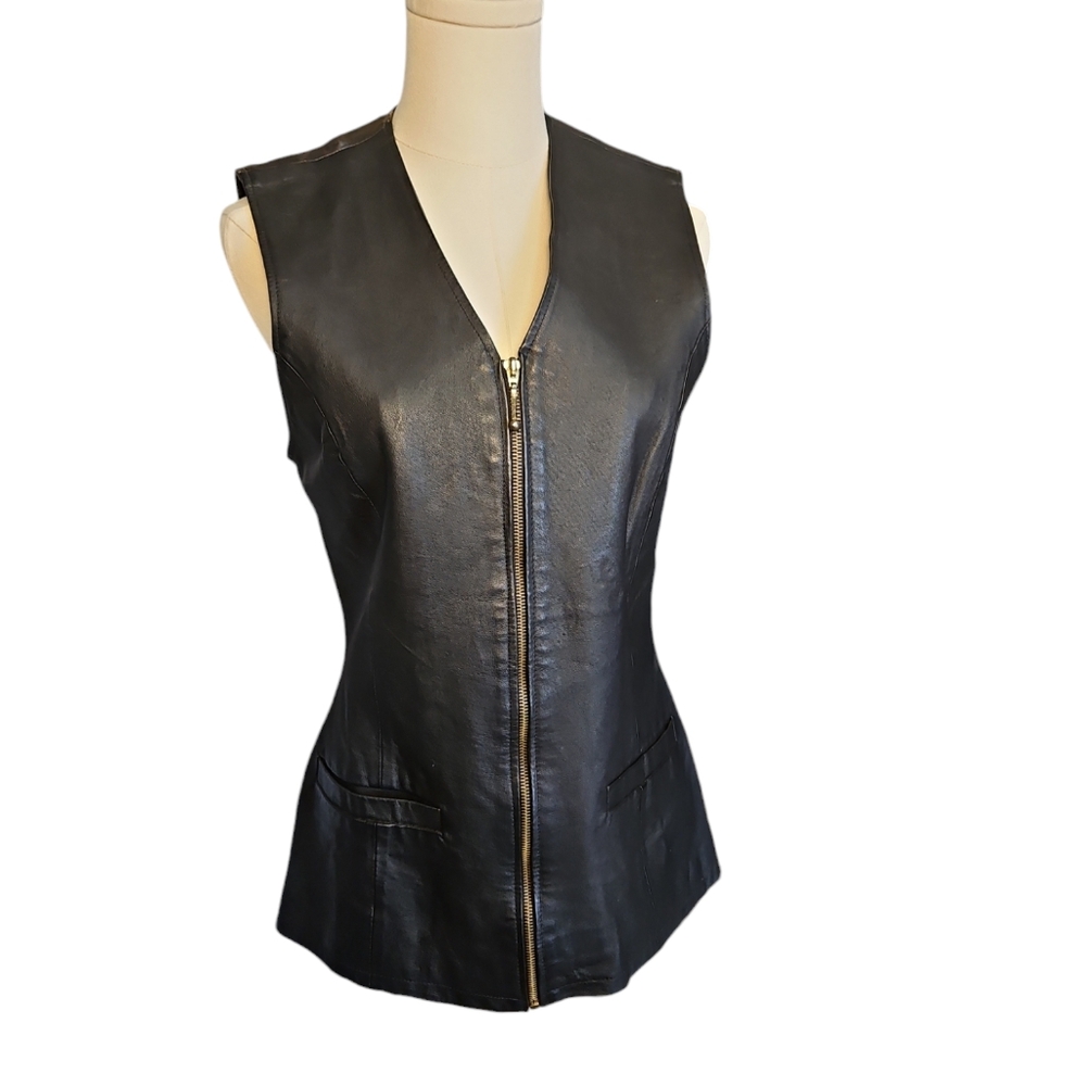 Long Women's Fitted Vintage ADA Leather Biker Vest Size Small